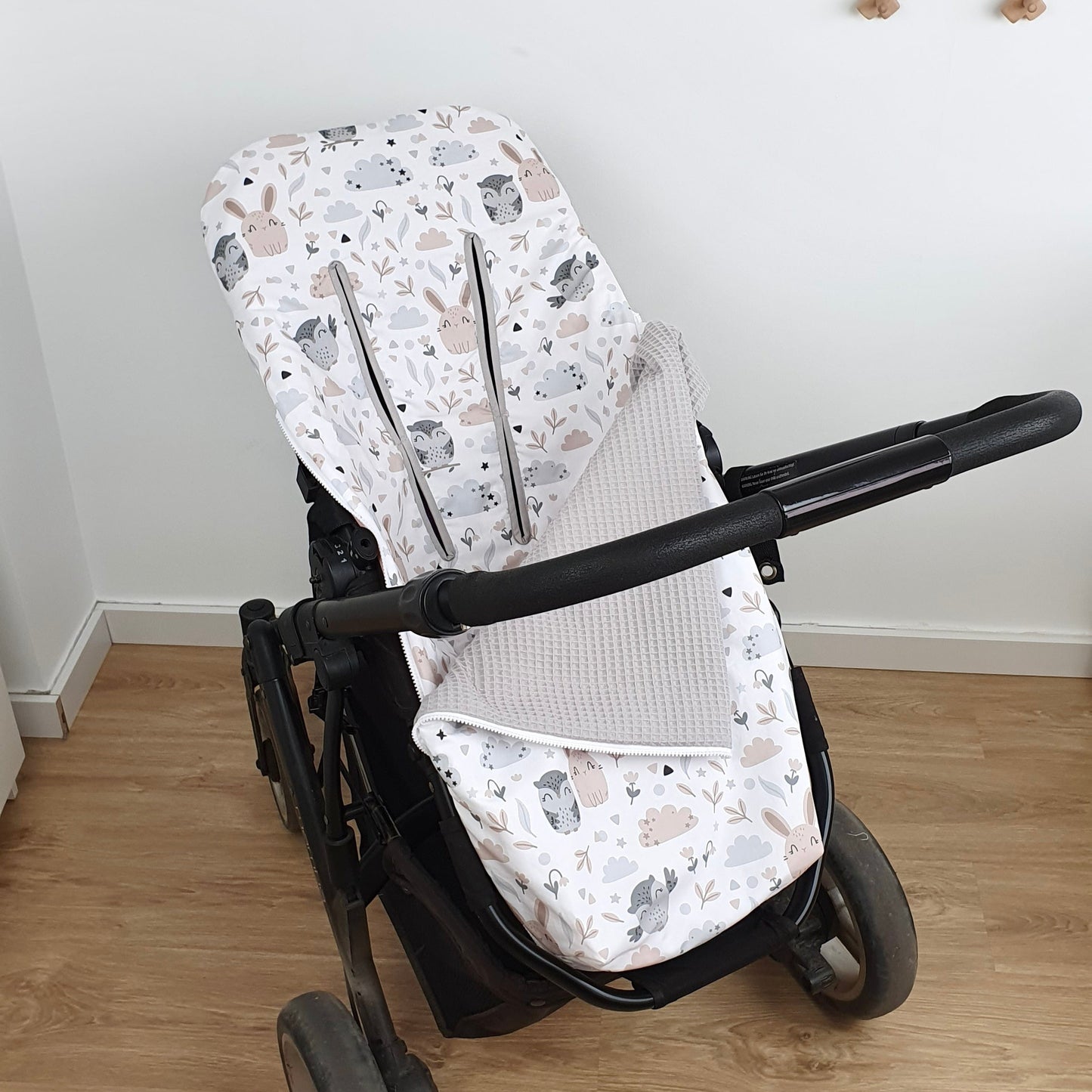 Pram footmuff (mid-season/summer) waterproof "Owl and Rabbit" collection